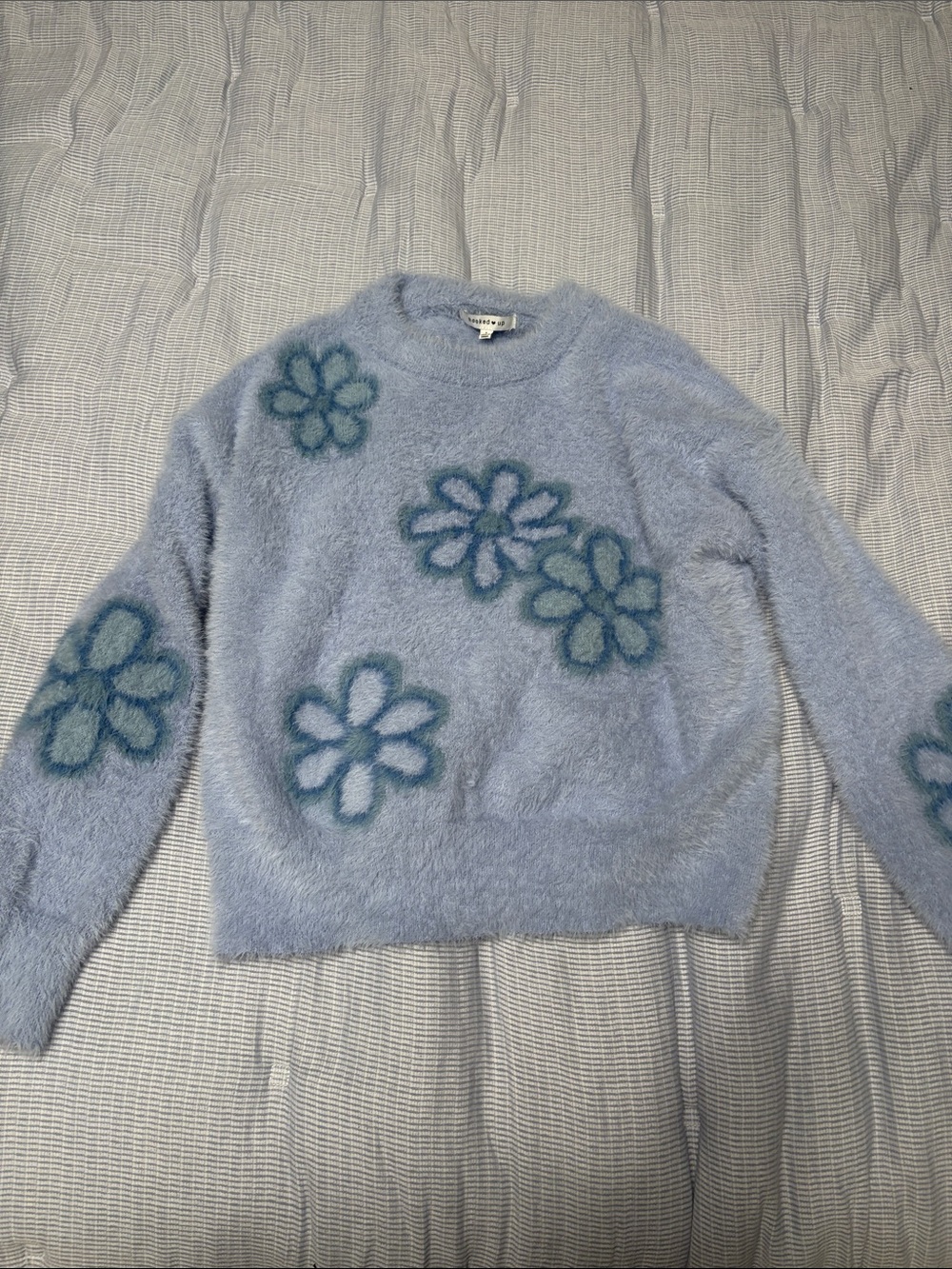Hooked Up by IOT Soft Light Blue Crewneck Sweater with Teal Floral Accents